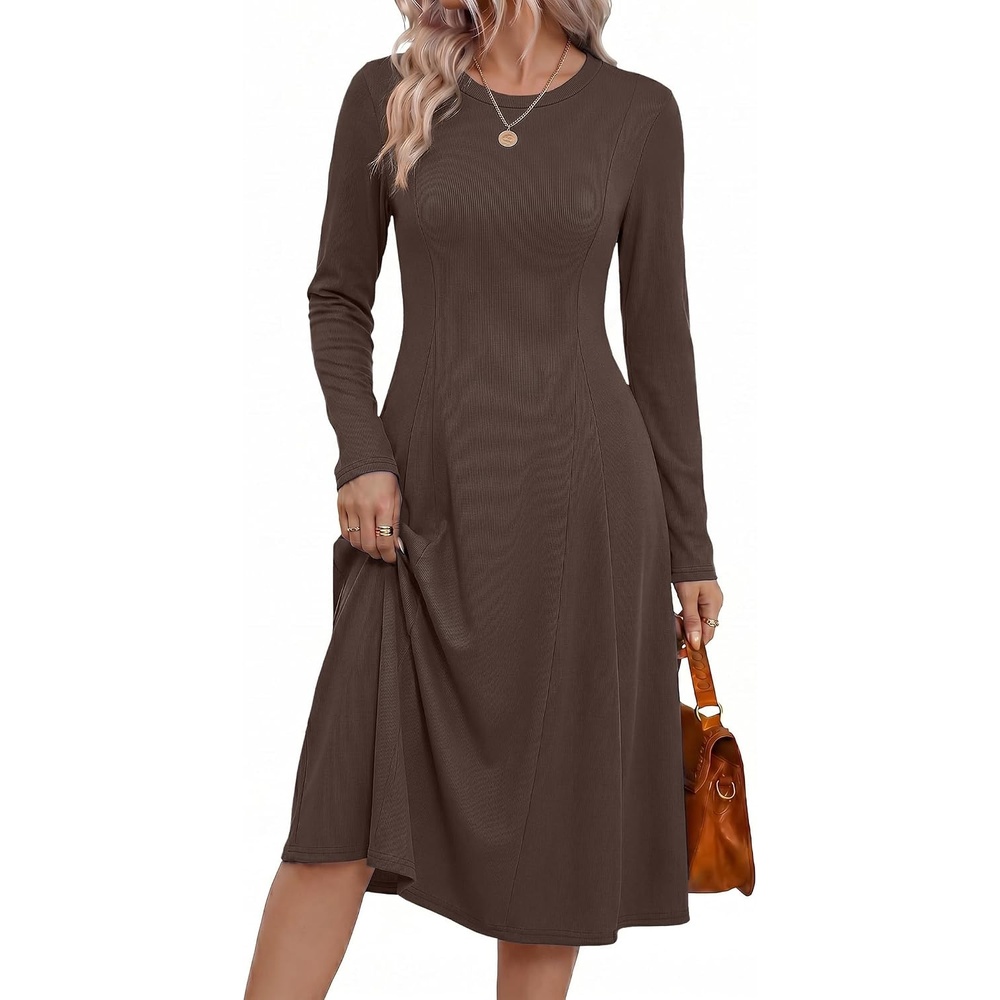 image:imageZeagoo Womens Sweater Dress Long Sleeve Ribbed Knit Flowy Midi Fall DressesBrown
