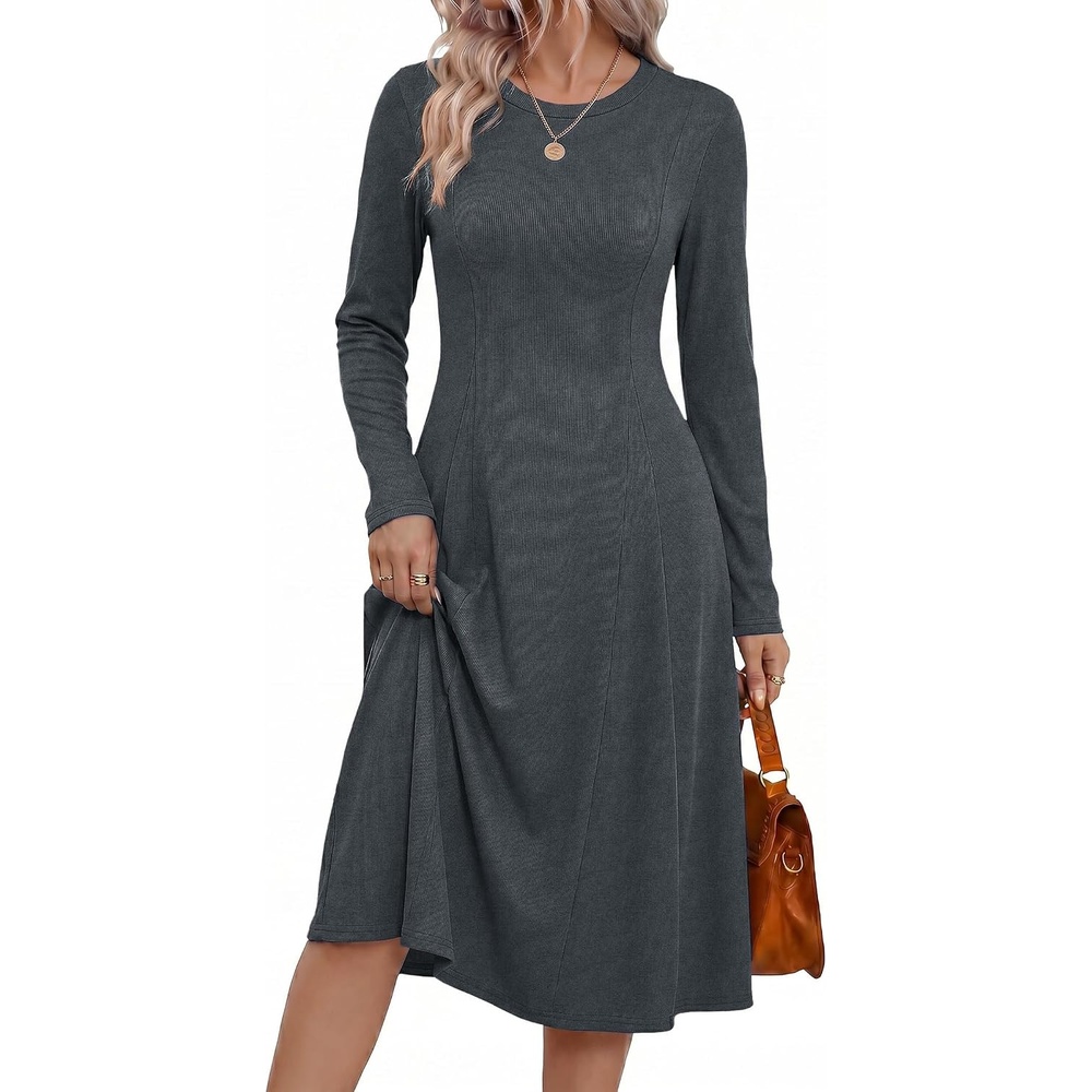 image:imageZeagoo Womens Sweater Dress Long Sleeve Ribbed Knit Flowy Midi Fall DressesGrey