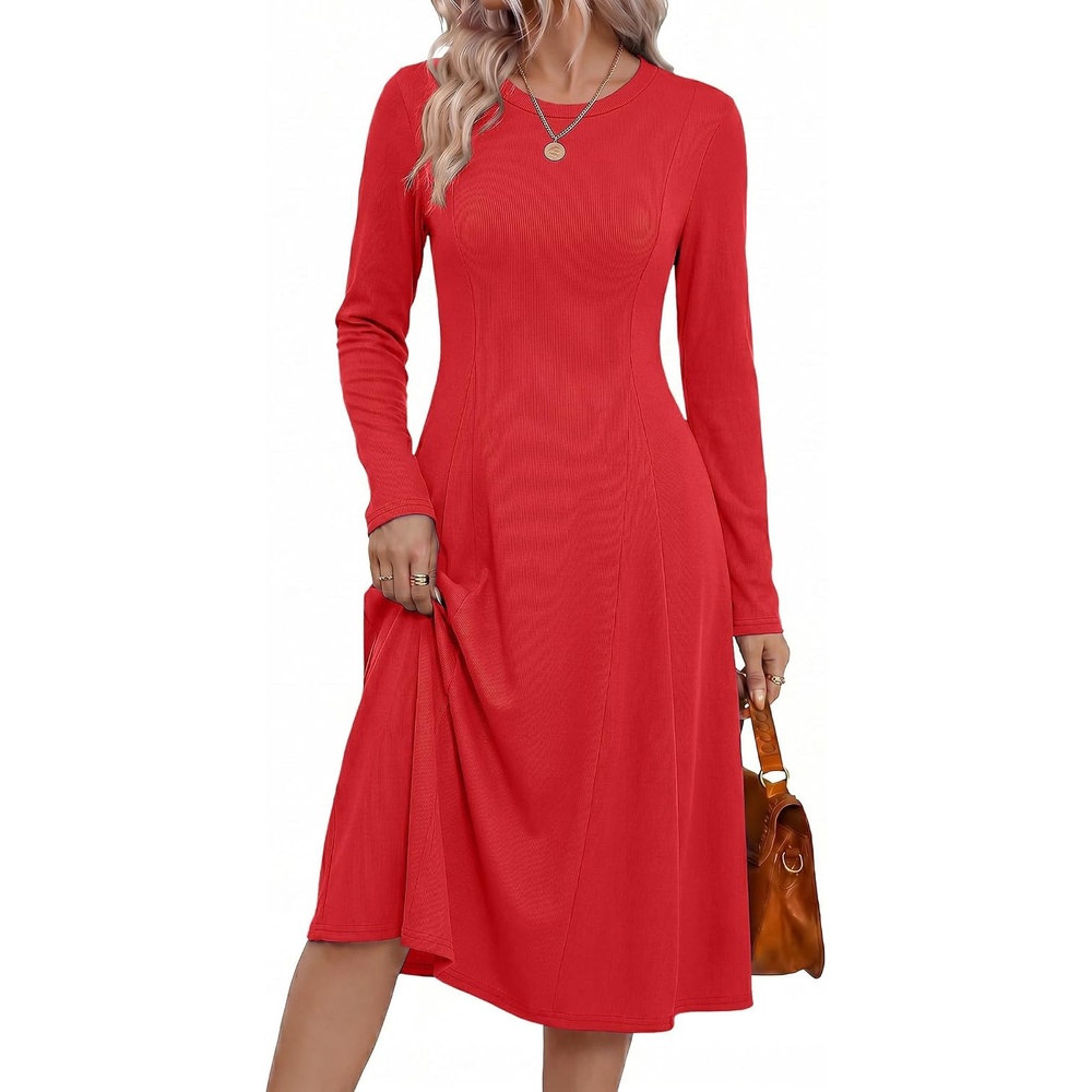 image:imageZeagoo Womens Sweater Dress Long Sleeve Ribbed Knit Flowy Midi Fall DressesRed