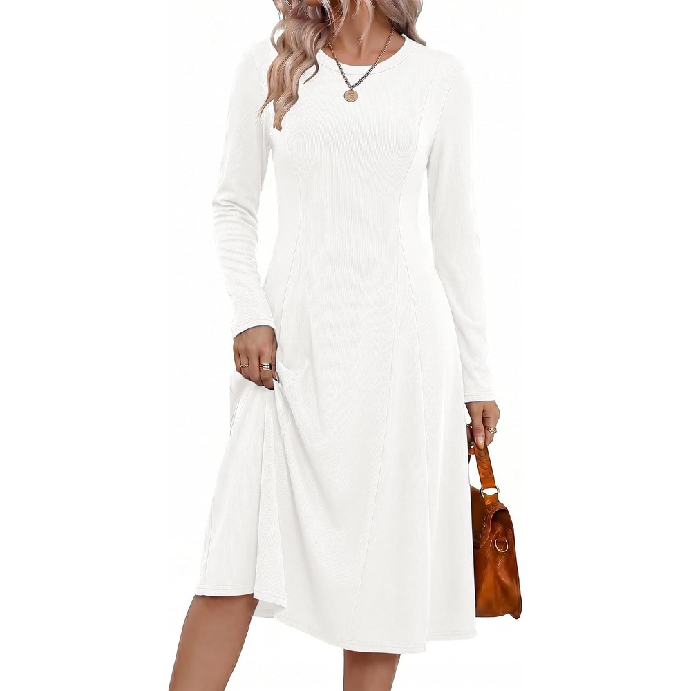 image:imageZeagoo Womens Sweater Dress Long Sleeve Ribbed Knit Flowy Midi Fall DressesWhite