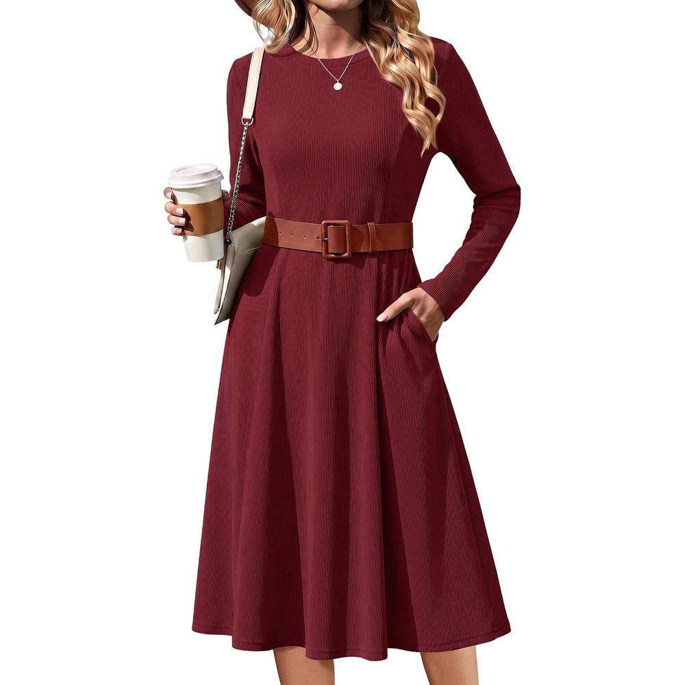 image:imageZeagoo Womens Sweater Dress Long Sleeve Ribbed Knit Flowy Midi Fall DressesWine Red