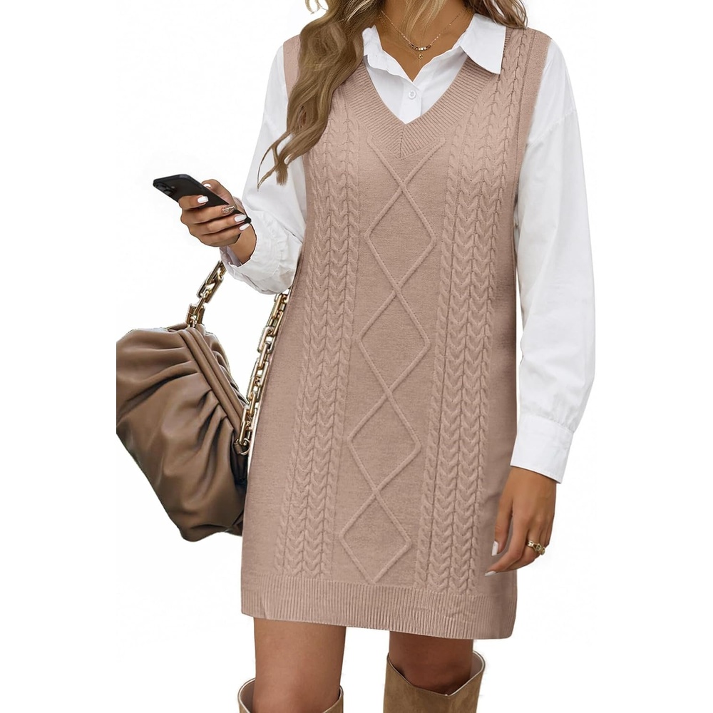 image:imageZeagoo Womens Sweater Vest Dresses Fall Knit V Neck Pullover Sweaters 2026Khaki