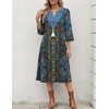 Zeagoo 3/4 Sleeve Dress for Women Midi Dresses V Neck Lace Casual Sundress(Boho Blue Printed)