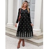 Zeagoo Midi Dresses Flare Loose Fit Navy Blue Long Sleeve Flowy Ladies(Black Boho Print)