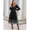 Zeagoo Midi Dresses Flare Loose Fit Navy Blue Long Sleeve Flowy Ladies(Black Boho Print)