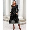 Zeagoo Midi Dresses Flare Loose Fit Navy Blue Long Sleeve Flowy Ladies(Black Boho Print)