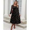 Zeagoo Midi Dresses Flare Loose Fit Navy Blue Long Sleeve Flowy Ladies(Black Floral)