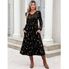 Zeagoo Midi Dresses Flare Loose Fit Navy Blue Long Sleeve Flowy Ladies(Black Floral)