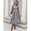 Zeagoo Midi Dresses Flare Loose Fit Navy Blue Long Sleeve Flowy Ladies(Ethnic Print)