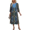 Zeagoo 3/4 Sleeve Dress for Women Midi Dresses V Neck Lace Casual Sundress(Boho Blue Printed)