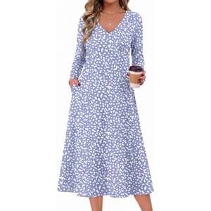 Zeagoo Dresses for Womens Long Sleeve Midi Dress Fall Casual A Line Dress(Blue-printed)