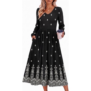 Zeagoo Midi Dresses Flare Loose Fit Navy Blue Long Sleeve Flowy Ladies(Black Boho Print)