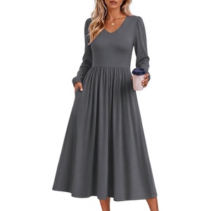Zeagoo Midi Dresses Flare Loose Fit Navy Blue Long Sleeve Flowy Ladies(Dark Grey)