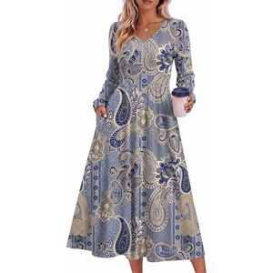 Zeagoo Midi Dresses Flare Loose Fit Navy Blue Long Sleeve Flowy Ladies(Ethnic Print)