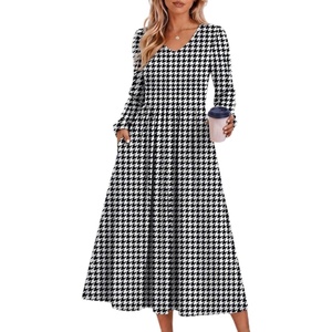 Zeagoo Midi Dresses Flare Loose Fit Navy Blue Long Sleeve Flowy Ladies(Houndstooth)