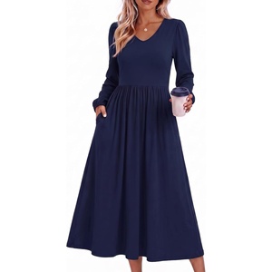 Zeagoo Midi Dresses Flare Loose Fit Navy Blue Long Sleeve Flowy Ladies(Navy Blue)