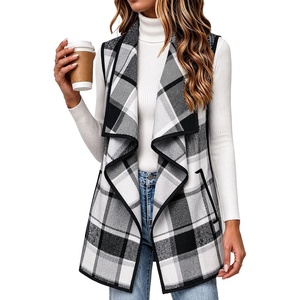 Zeagoo Women Vest Long Plaid Jackets Sleeveless Flannel Coats with Pockets(Black-gz800)