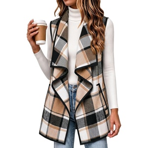 Zeagoo Women Vest Long Plaid Jackets Sleeveless Flannel Coats with Pockets(Brown-gz794)