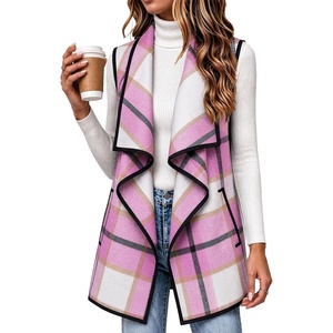 Zeagoo Women Vest Long Plaid Jackets Sleeveless Flannel Coats with Pockets(Hot Pink-gz795)