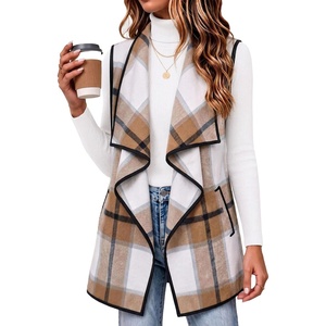 Zeagoo Women Vest Long Plaid Jackets Sleeveless Flannel Coats with Pockets(Khaki-gz554)