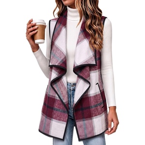Zeagoo Women Vest Long Plaid Jackets Sleeveless Flannel Coats with Pockets(Red-gz543)