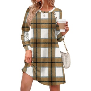 Zeagoo Women’s Long Sleeve Tunic Dress Side Button Crew Neck Casual Flowy Fall Winter A-Line Dress with Pockets(A02-browm Plaid)