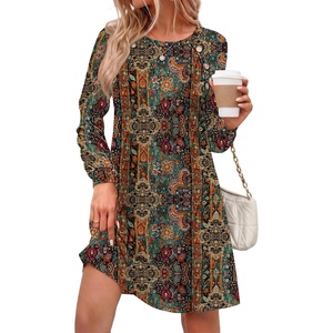 Zeagoo Women’s Long Sleeve Tunic Dress Side Button Crew Neck Casual Flowy Fall Winter A-Line Dress with Pockets(Chic Printed)