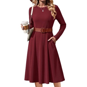 Zeagoo Womens Sweater Dress Long Sleeve Ribbed Knit Flowy Midi Fall Dresses(Wine Red)
