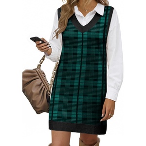 Zeagoo Womens Sweater Vest Dresses Fall Knit V Neck Pullover Sweaters 2026(Green Plaid Print)