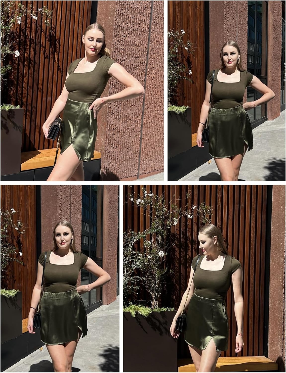 image:imageZeagoo Womens Mini Skirts Elastic High Waisted Satin Silk ALine Zipper Split Slit 2026 Party SkirtArmy Green