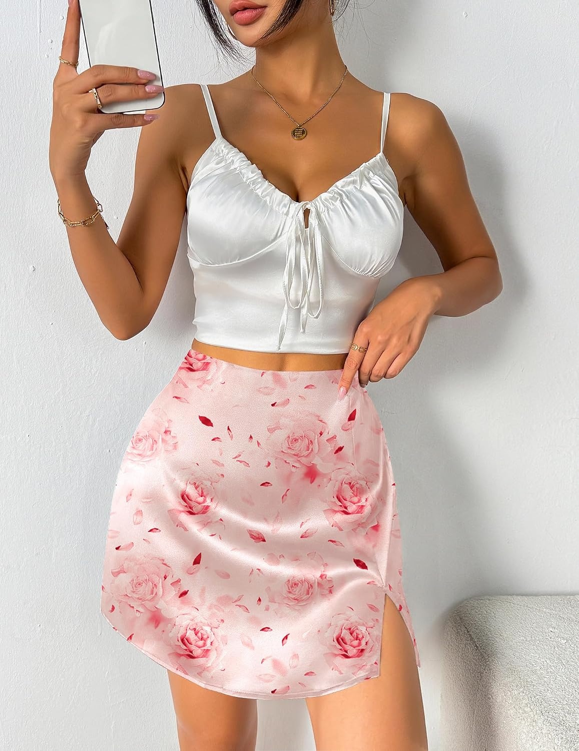 image:imageZeagoo Womens Mini Skirts Elastic High Waisted Satin Silk ALine Zipper Split Slit 2026 Party SkirtRose Floral