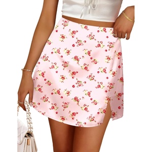 Zeagoo Womens Mini Skirts Elastic High Waisted Satin Silk A-Line Zipper Split Slit 2026 Party Skirt(Pink Floral)
