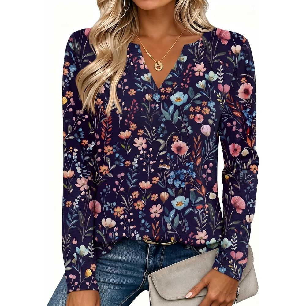 image:imageZeagoo Womens Tops Long Sleeve V Neck Tee Shirts Cute Dressy CasualBlue Flowers Wf184